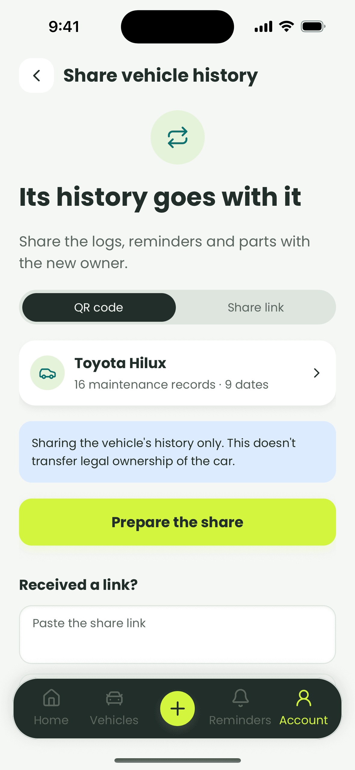 The share vehicle history screen