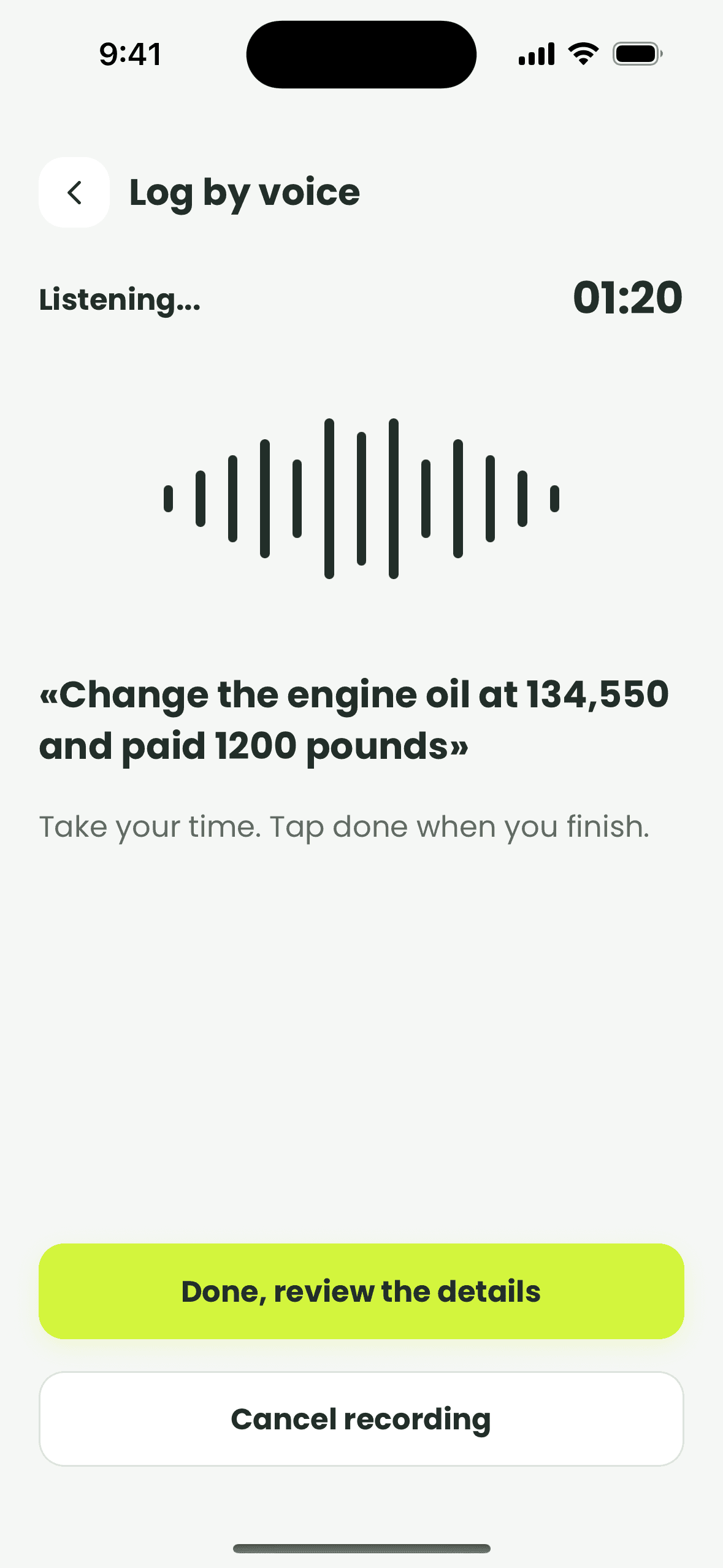 The voice logging screen